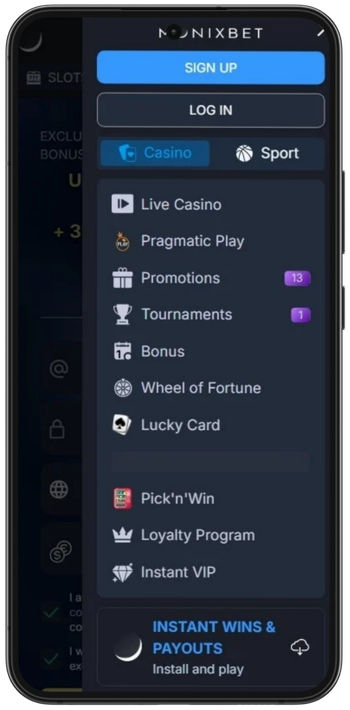 Navigatiemenu van Monixbet Casino